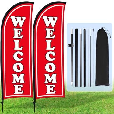 Imagem de Buryeah Kit de 2 conjuntos de placas de bandeira de penas de boas-vindas de 2,4 m, bandeira swooper com mastros de fibra de vidro e estaca de ponta para negócios ao ar livre e promoção de eventos