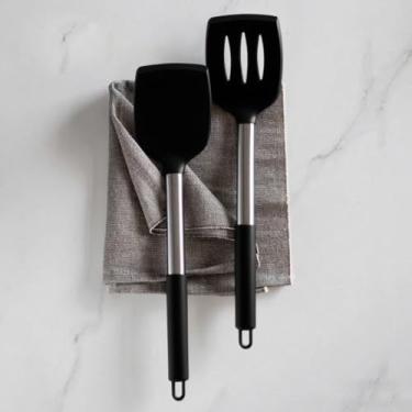 Imagem de Pacote com 2 espátulas de silicone sólidas e ranhuradas, espátulas resistentes ao calor para panelas antiaderentes, perfeitas para peixes, ovos e panquecas (preto)