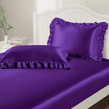 Imagem de P Pothuiny Conjunto de 3 peças de fronhas de cetim com babados e lençol completo, lençol de elástico luxuoso de cetim roxo sedoso macio e fofo para quarto de cama, sem rugas, bolso profundo de 38 cm