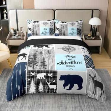 Imagem de Erosebridal Jogo de cama queen com estampa de veado caçador, 100% algodão, rústico, casa de fazenda, temática de urso, aventura, capa de edredom com tema de vaqueiro ocidental, vida selvagem, 3 peças