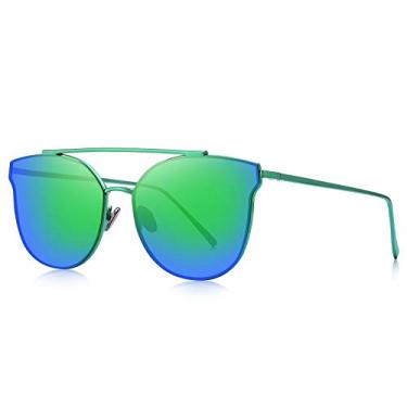 Imagem de Óculos de sol femininos fashion Cat Eye com revestimento de lentes espelhadas UV400, Verde espelhado, Lens Width: 56 Millimeters