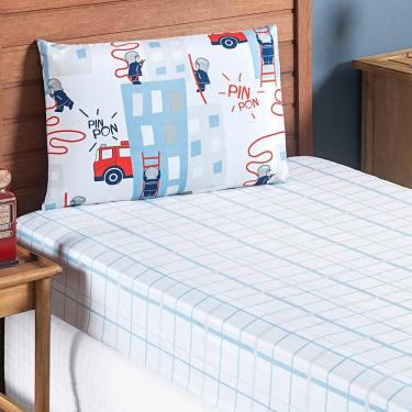 Imagem de Jogo Cama Lençol Fantasy Solteiro Cama Quarto Infantil Microfibra 2 Peças Bombeiros Branco