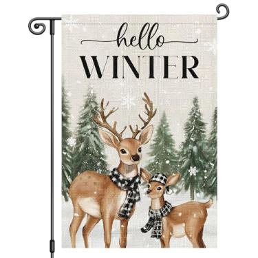 Imagem de Heyfibro Bandeira de jardim de inverno Hello Winter 30,5 x 45,7 cm, dupla face, rena, jardim, bandeiras, decorativas, sazonais, para uso externo, casa de fazenda, férias, decoração ao ar livre