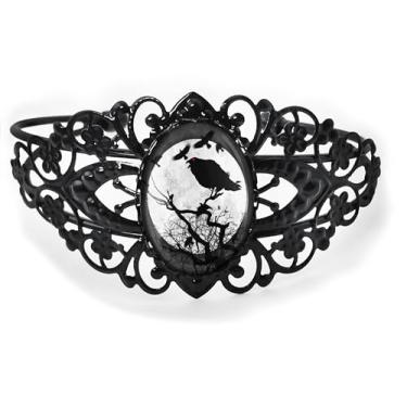 Imagem de Pulseira de filigrana de corvo e lua cheia - Halloween gótico feito à mão, bronze antigo prata ou preto, joia de vidro vintage estilo vitoriano feita à mão - 955-2-CB, Adjustable, Vidro, Sem Pedra