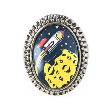 Imagem de Anel de foguete retrô - brinquedo vintage, joia de fantasia de ficção científica, acessório de fantasia oval de prata ou bronze antigo - 761, Adjustable, Metal, Sem pedra preciosa