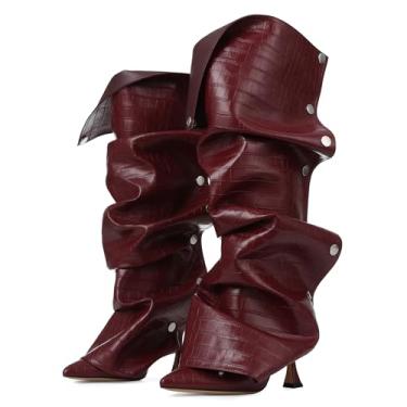 Imagem de Phefarer Botas femininas de salto alto de couro sintético fosco, bico fino, cano alto, franzido stiletto largo e zíper na panturrilha, Borgonha, 35