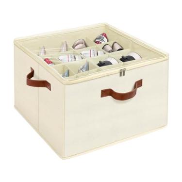 Imagem de Organizador de sapatos para armário, caixa de armazenamento de sapatos dobrável com tampa superior transparente, 3 alças de couro, divisórias ajustáveis, serve para 8 a 16 pares, caixa de sapatos