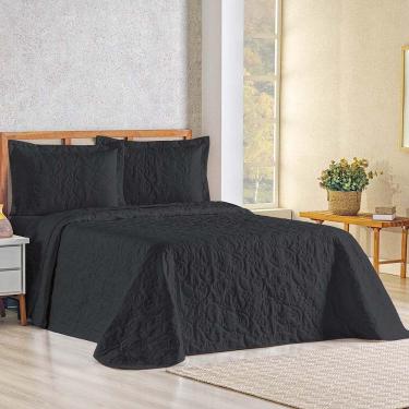 Imagem de Kit Cobre Leito Colcha Celeste Queen 3 Peças Matelado Floral 180 Fios - Preto