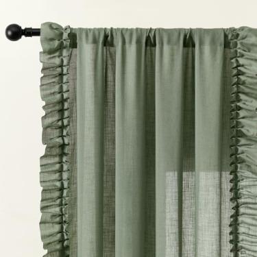 Imagem de Cortinas com babados verde-sálvia escura de 153 cm de comprimento, 2 painéis, L 114 x C 159 cm, cortinas recortadas de casa de fazenda texturizadas de linho para quarto, cortina de janela
