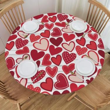 Imagem de KiuLoam Toalha de mesa redonda romântica de coração vermelho rosa com borda elástica, toalha de mesa lavável para decoração de cozinha e exterior, serve para 101,6 a 111,8 cm, pequena