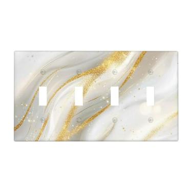Imagem de JDAKHD Placa de cobertura para interruptor de luz mármore branco dourado abstrato moderno decorativo quádruplo placa de parede cinza dourado linhas rachadas 4 gangues placa frontal elétrica para