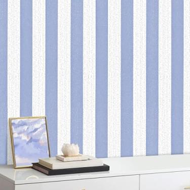 Imagem de HorryHaus Papel de parede listrado azul e branco Peel and Stick Boho Silver Stripe texturizado papel de contato 39.9 cm x 299.7 cm autoadesivo removível impermeável vinil papel de parede para quarto