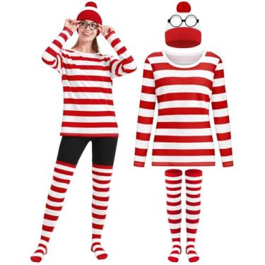 Imagem de ComfyKit Conjunto de fantasia feminina de Halloween listrado vermelho e branco, gorro listrado, chapéu, óculos nerd, para roupas de Halloween (pequeno)
