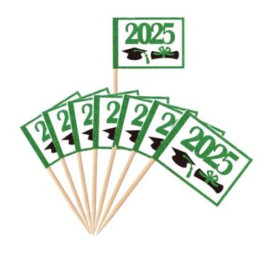 Imagem de BQTBQT 100 Pcs Mini Graduation 2025 Toothpick Flags Decorations Party Theme, Graduates of the Class of 2025 Cap Diploma Cupcake Toppers Cocktail Food Flags Decor（Green）