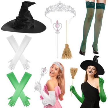 Imagem de WGXX 7 peças de acessórios de fantasia de chapéu de bruxa, coroa de princesa, inclui 1 chapéu de bruxa, 1 coroa, 2 luvas, 1 varinha, 1 vassoura, 1 par de meias verdes para o joelho, fantasia, cosplay