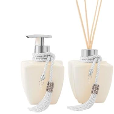 Imagem de Kit Vidros Lavabo Branco Luxo C/Enfeite Difusor E Sabonete(Prata)