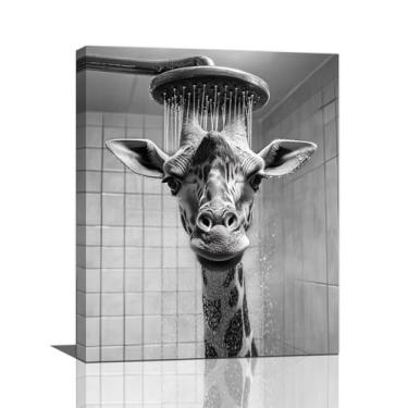 Imagem de Arte de parede de banheiro de girafa, decoração de parede com imagens engraçadas de girafa, pintura em tela de animais preto e branco, arte emoldurada para banheiro, sala de estar, quarto, escritório