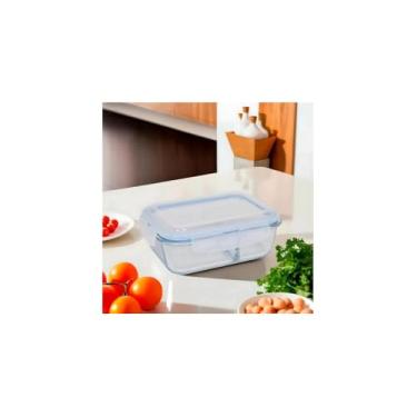 Imagem de Pote Hermético Retangular em Vidro Borossilicato com Divisória, Tampa Azul, 1520ml, 8x17x22cm, para Alimentos, Micro-ondas e Freezer
