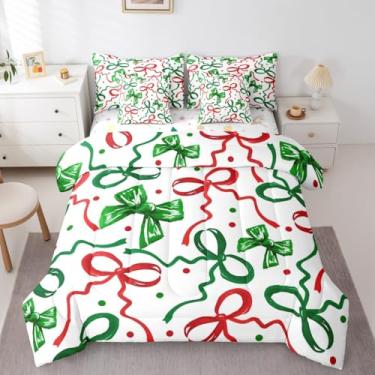 Imagem de Erosebridal Conjunto de cama queen com laço verde e fita vermelha, 7 peças, conjunto de cama de Natal em uma bolsa com lençóis, estilo natalino, conjunto de edredom para crianças e adultos, conjunto