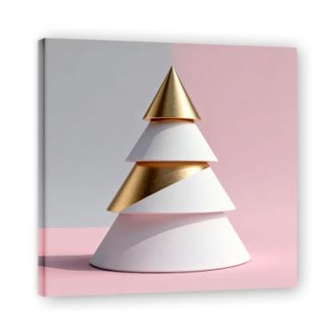 Imagem de Moldura interna. Arte moderna de presente de Natal, arte geométrica de árvore rosa empoeirada e dourada, tela emoldurada pronta para pendurar para uma casa de férias elegante. A21. 50 x 50 cm - 19,6 x