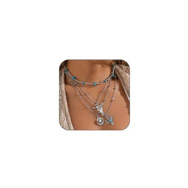 Imagem de YNZGYBY Conjunto de joias de vaca turquesa em camadas ocidentais para mulheres, vaqueira, boho, com contas, pingente country, acessórios, vintage, cacto, gargantilha para presente, Large, Zinco, Sem