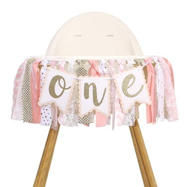 Imagem de Banner de aniversário de uma cadeira alta - decoração de festa rosa e branca, banner de cadeira alta doce, guirlanda de tecido com tema de fada floral e borboleta, decoração de festa de primeiro