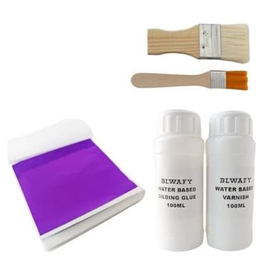 Imagem de BLWAFY Kit de Gilding Conjunto de 100 folhas de folha de metal Imirtation de 8 cm x 8 cm ou azul, verde, vermelho, prata com adesivo de cola dourada à base de água de 100 ml, verniz de 100 ml (roxo)