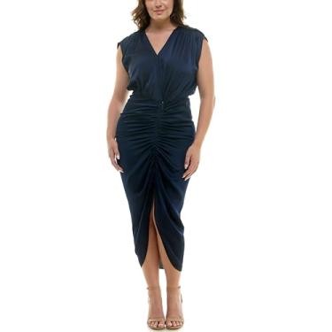 Imagem de Nicole Miller Vestido feminino de cetim com gola V franzida na frente, Azul-marinho profundo, 46