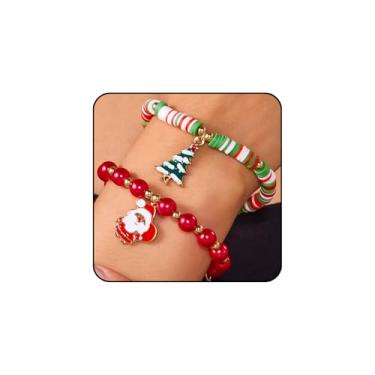Imagem de Pulseiras de Natal com contas empilhadas para mulheres, 2 peças, delicada bola vermelha e verde, contas de argila macia, esmaltada, Papai Noel, bonecos de neve, sinos e lua, pingente de Natal