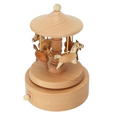 Imagem de Caixa de música cavalo madeira giratório com base redonda bela artesanato decoração elegante feita fava toca melodia bonita movimento interessante