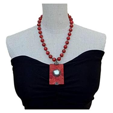 Imagem de Acessórios de moda Colar redondo de coral esponjoso vermelho 12 mm retangular coral esponjoso e moeda branca colar com pingente de pérola 50,8 cm