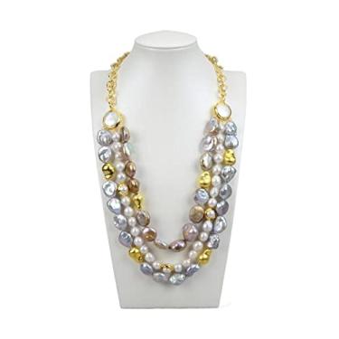 Imagem de URMIBDAI Joias 50,8 cm, 3 fios, branco, keshi, pérola, cinza, roxo, moeda, Keshi, colar com pingente clássico para mulheres