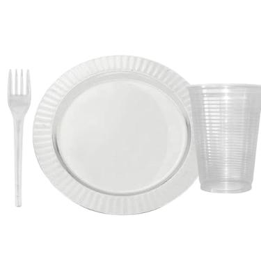 Imagem de Kit 300 Peças Descartáveis para Festa com 100 Copos 200ml + 100 Pratos 15cm + 100 Garfos 12cm | Ideal para Eventos, Aniversários, Churrascos e Refeições Coletivas (Transparente)