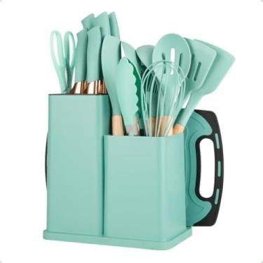 Imagem de Utensilios para Cozinha Silicone Kit com 19 Peças Cabo Madeira Conjunto Completo Espátula Concha Colher Jogo Suporte Faca Antiaderente Tabua Tesoura Faqueiro (Verde)