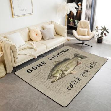 Imagem de Erosebridal Tapetes de área de pesca Gone 3x5, decoração retrô à beira do lago tapete antiderrapante rústico lúcio peixe lago casa tema caça tapete decorativo lavável para crianças adolescentes