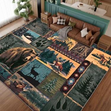 Imagem de ASPMIZ Tapete rústico para sala de estar, tapete lavável do sudoeste, antiderrapante de lã sintética macia para quarto, sala de jantar, decoração de casa de vida selvagem vintage, azul