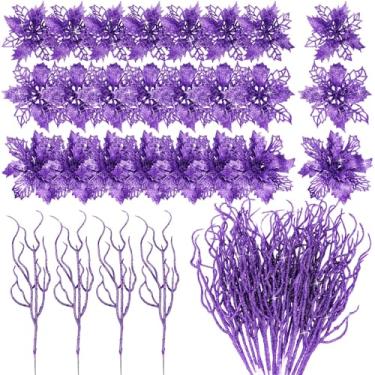 Imagem de Yinder Conjunto de 48 peças de flores artificiais de poinsétia de Natal com galhos e glitter para decoração de árvore de Natal para mesa de grinalda, centro de mesa, decorações de Natal e festas de