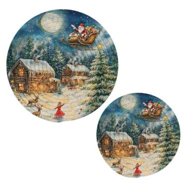 Imagem de Blueangle 2 peças de suporte de panela com desenho animado de casas de neve - conjunto de pegadores de panela de tecido redondo - almofadas quentes trançadas de algodão - porta-copos - tapetes de mesa