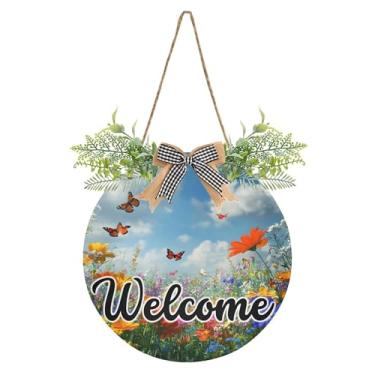 Imagem de SEHANY Placa de boas-vindas com flores de jardim, decoração de porta da frente, guirlanda de boas-vindas redonda para decoração de casa de fazenda, varanda, pátio, 30 x 30 cm