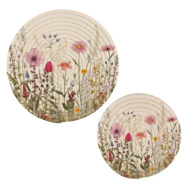Imagem de Blueangle 2 peças de suporte de panela de trivet de flores silvestres - conjunto de pegadores de panela de tecido redondo - almofadas quentes trançadas de algodão - porta-copos - tapetes de mesa para