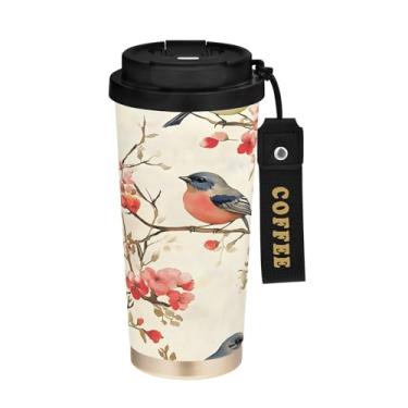 Imagem de SEHANY Caneca de café de viagem Flores e pássaros de 482 g com tampa revestida de cerâmica e à prova de vazamento, parede dupla, copo de aço inoxidável isolado a vácuo para bebidas quentes e frias