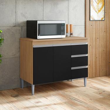 Imagem de Balcão Cozinha Com Tampo 100cm 3 Gavetas Leticia Amêndoa/preto A01 - D'rossi