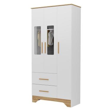 Imagem de Guarda Roupa Infantil Popy Retrô Plus 3 Portas Com Janelas E 2 Gavetas Branco Brilho/amêndoa - Móveis Peroba