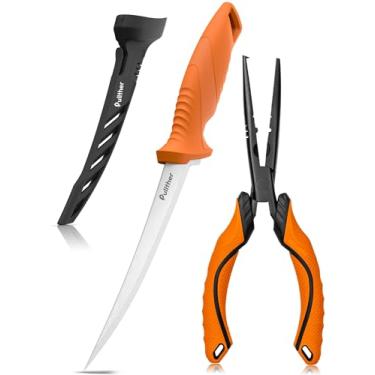 Imagem de pullther fishing Kit de ferramentas de pesca de 2 peças – Faca de filete de 18 cm, alicate de pesca de 23,9 cm, aço carbono com revestimento de teflon, removedor de anzol, alicate de pesca para água
