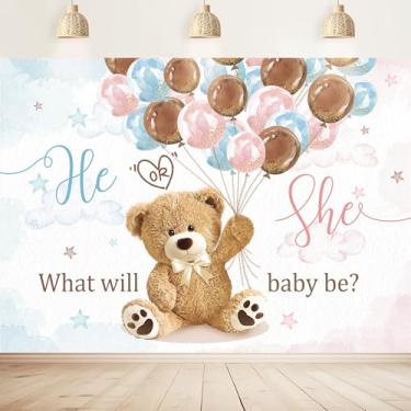 Imagem de Imirell Pano de fundo para festa de revelação de gênero do bebê, 18 cm L x 15 cm A, ursinho de pelúcia, rosa, marrom, azul, balões ele ou ela, o que será bebê, tecido de poliéster, fundos para fotografia, decoração de fotos, adereços de decoração