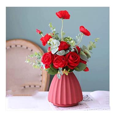 Imagem de LMJYU Flores artificiais para decoração conjunto de flores artificiais arranjo buquê de casamento vaso de flores artificiais casamento buquê romântico buquê de rosas artificiais fluxo artificial