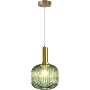 Imagem de Luminária pendente vintage de vidro verde, iluminação para ilha de cozinha, luminária pendente de estilo rústico com vidro canelado, luminária pendente grande em formato de bola, latão doura