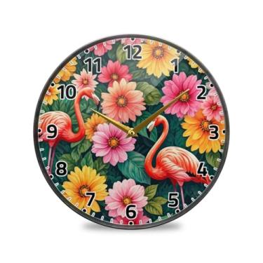 Imagem de WELLDAY Relógio de parede sem tique-taque 30 cm - Flamingo floral tropical operado por bateria relógio redondo silencioso de quartzo para casa/escritório/cozinha/sala de aula