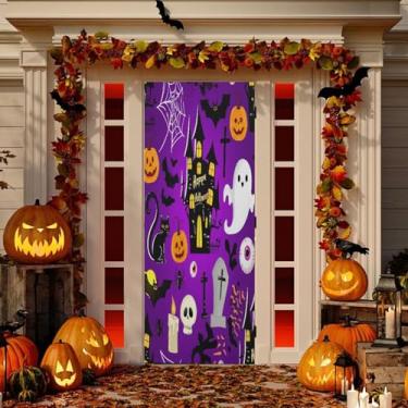 Imagem de Wassud Decoração de capa de porta padrão de Dia das Bruxas, faixa interna, varanda e casa, decoração de festa grande para porta da frente 96 x 98 polegadas