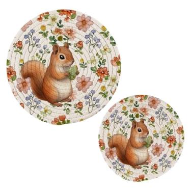 Imagem de Wassud Lindo conjunto de esquilo para pratos quentes, suportes de panela redondos de algodão, porta-copos elegantes, decoração de cozinha e acessórios, 2 peças